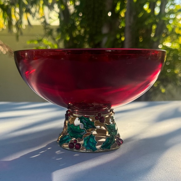 Teleflora Other - Teleflora Red Glass Christmas Bowl w Enameled Metal Festive Holly Base